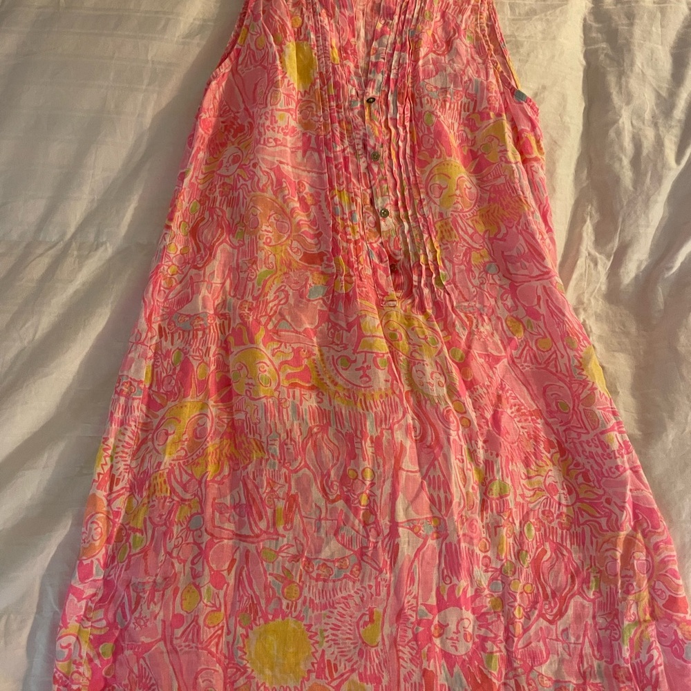 Lilly Pulitzer Pink, Yellow & Green Sleeveless Sun-Print Linen Dress